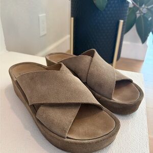 Pedro Garcia Minimalist Criss-Cross Wedge Slide Suede Kakhi Sz 38/7.5/8 Ret $540